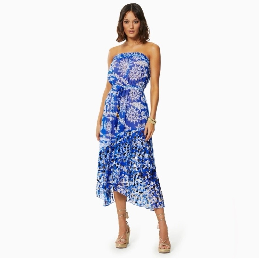 Ramy Brook Cianna Blue Floral Sheer Strapless Embellished Dress Size Small